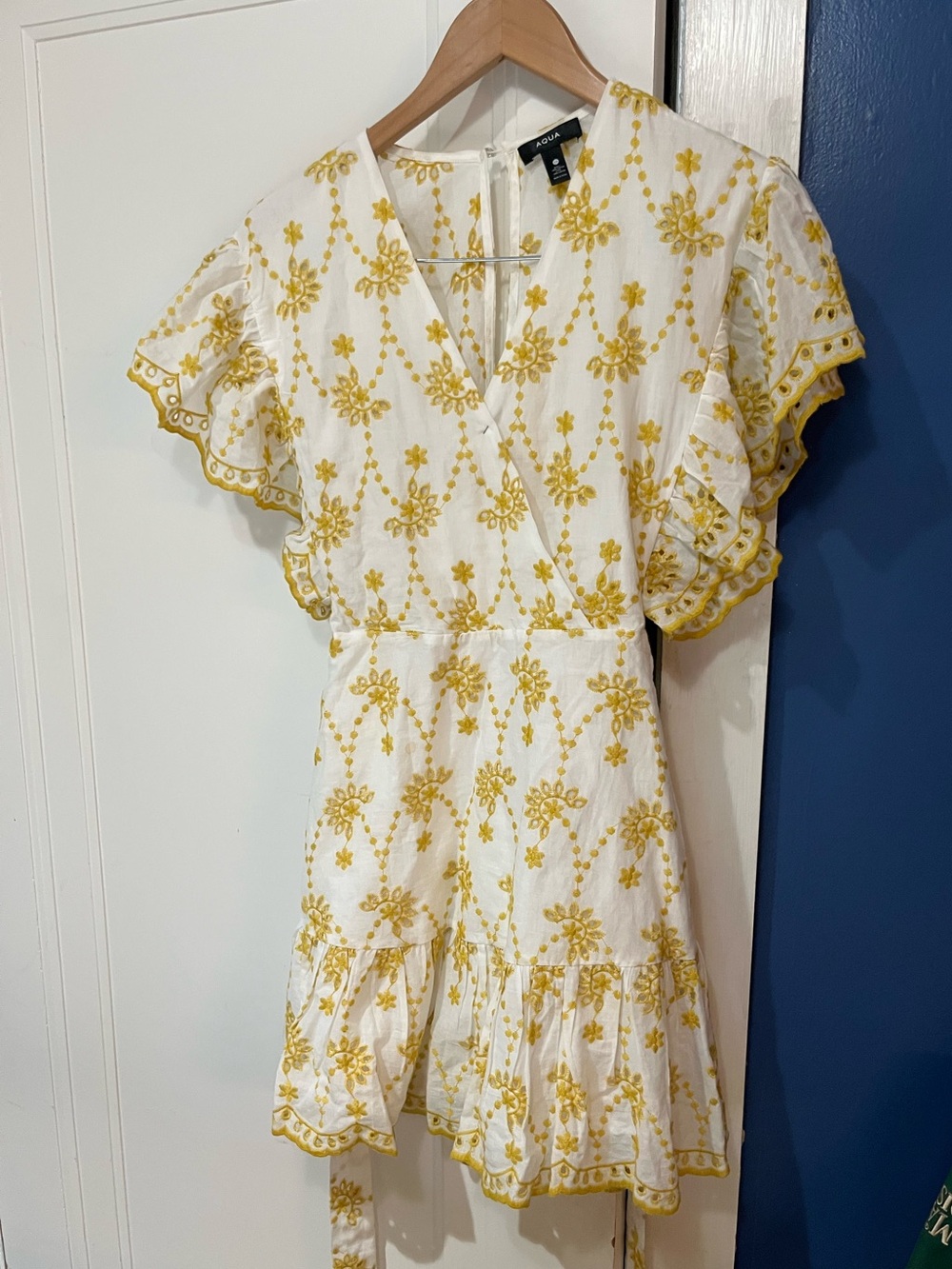 Aqua White Cotton Dress with Yellow Floral Embroidery